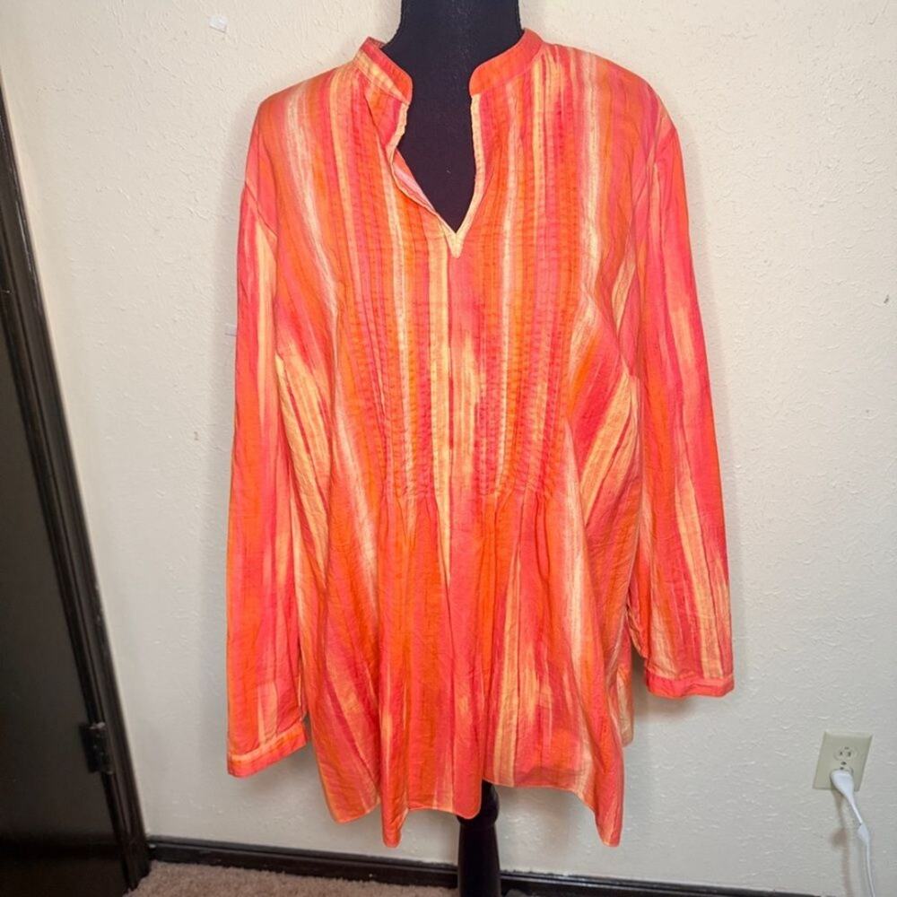 Vibrant Orange-Pink Stripe Women's Tunic Top Size 3X 100% Cotton Coastal Boho